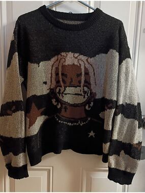 2/$10 Oversized Black & Grey Anime Rapper Knit Sweater Medium